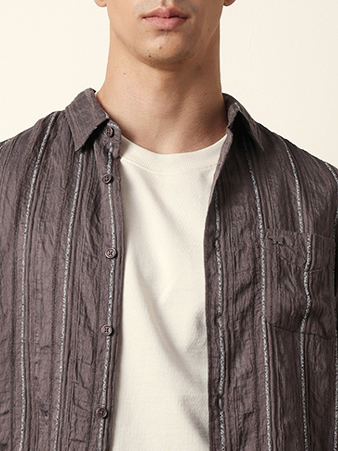 Grey Vertical Seersucker Pinstripe Slim Fit Casual Shirt