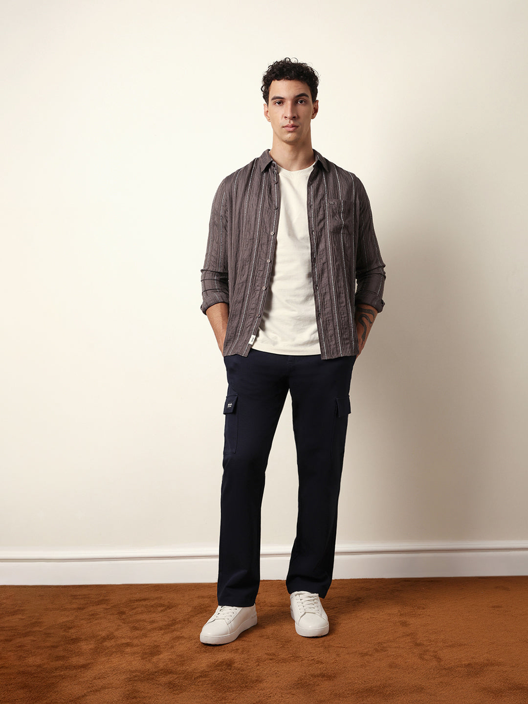 Grey Vertical Seersucker Pinstripe Slim Fit Casual Shirt