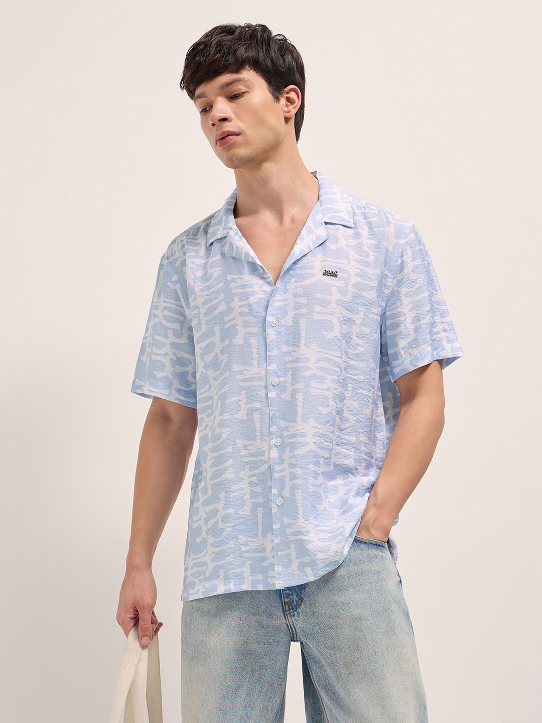 Light Blue Abstract Brush Stroke Print Relaxed Fit Cuban Collar Shirt