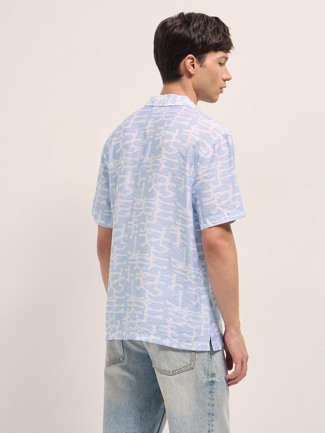 Light Blue Abstract Brush Stroke Print Relaxed Fit Cuban Collar Shirt