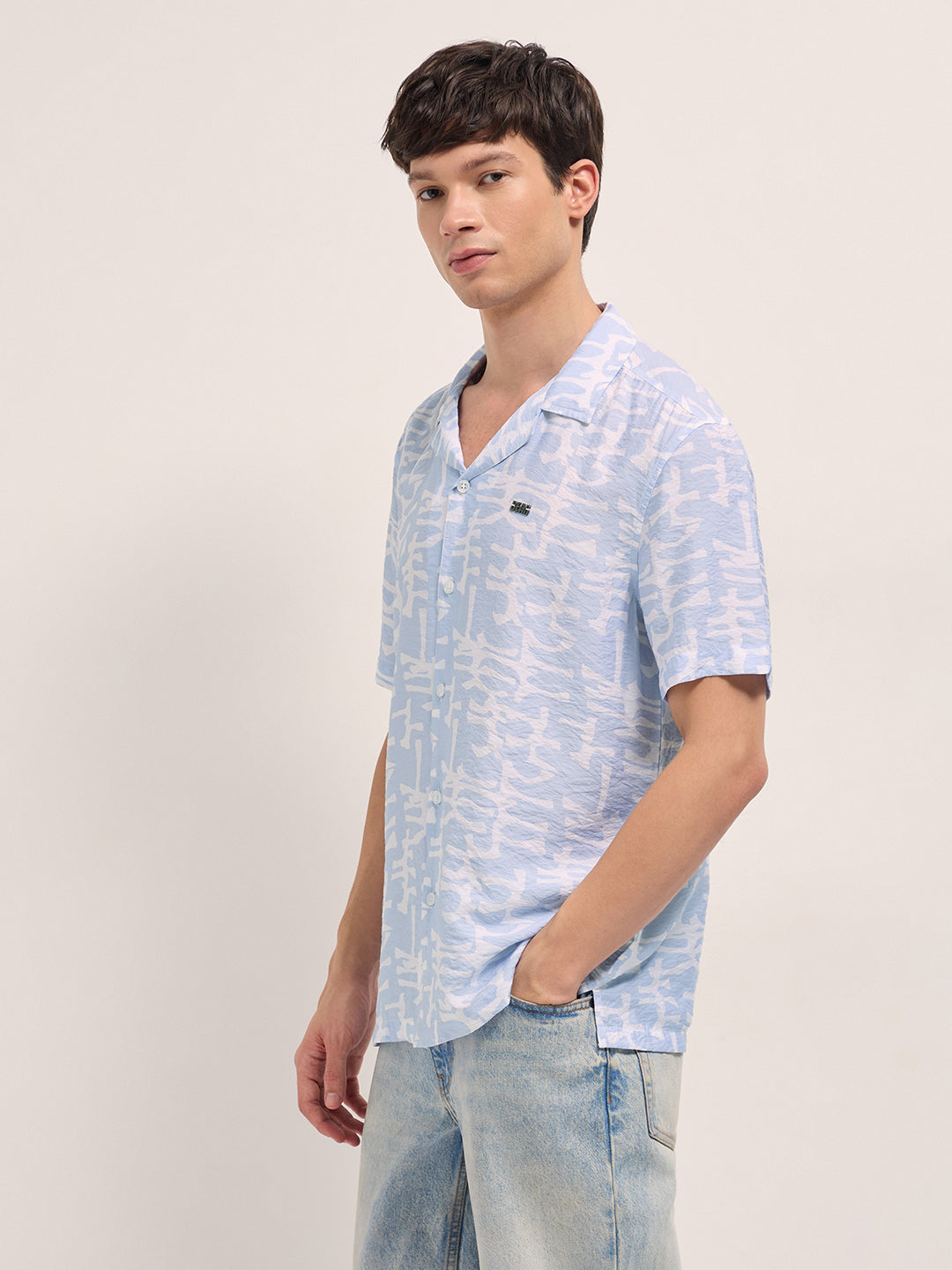 Light Blue Abstract Brush Stroke Print Relaxed Fit Cuban Collar Shirt