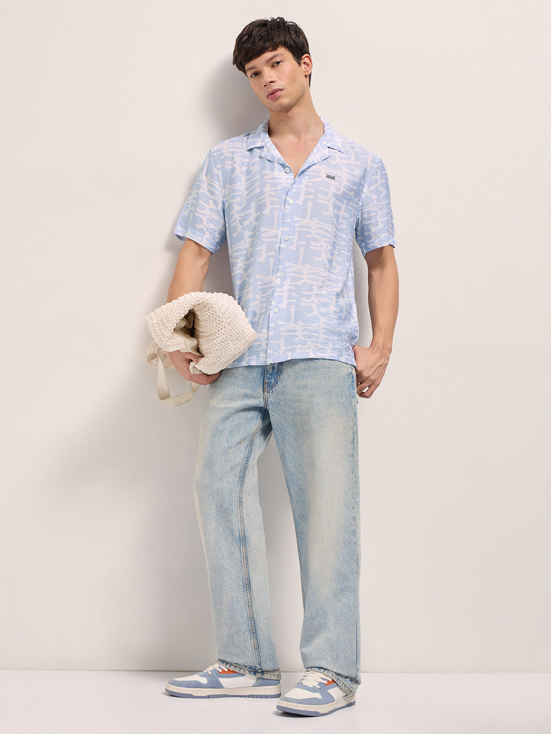 Light Blue Abstract Brush Stroke Print Relaxed Fit Cuban Collar Shirt