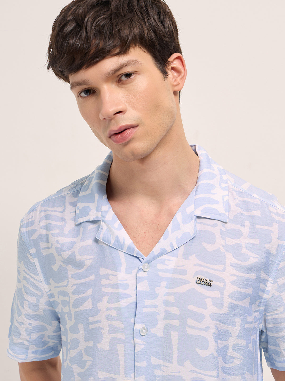 Light Blue Abstract Brush Stroke Print Relaxed Fit Cuban Collar Shirt