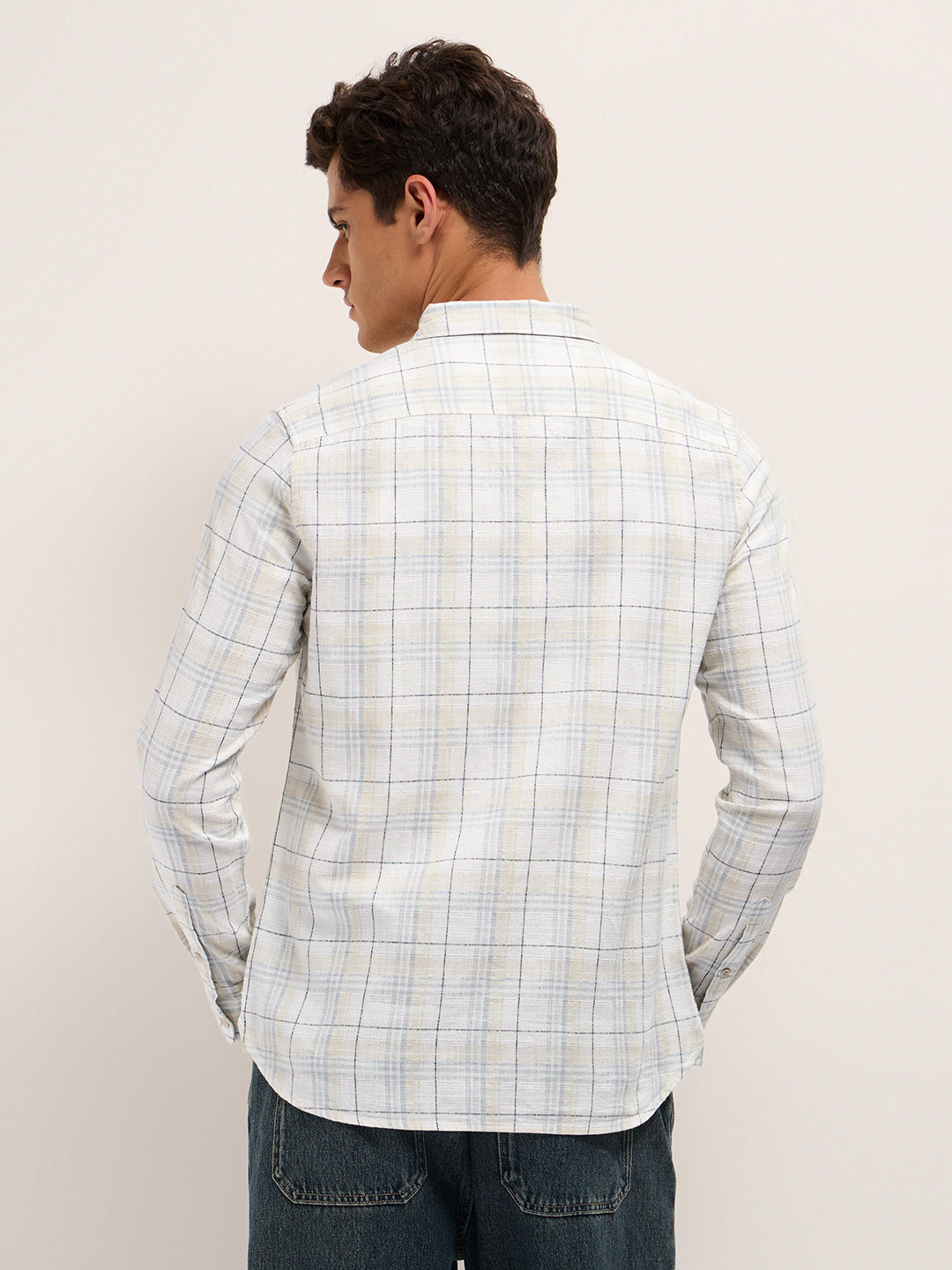 White & Grey Woven Check Slim Fit Casual Shirt