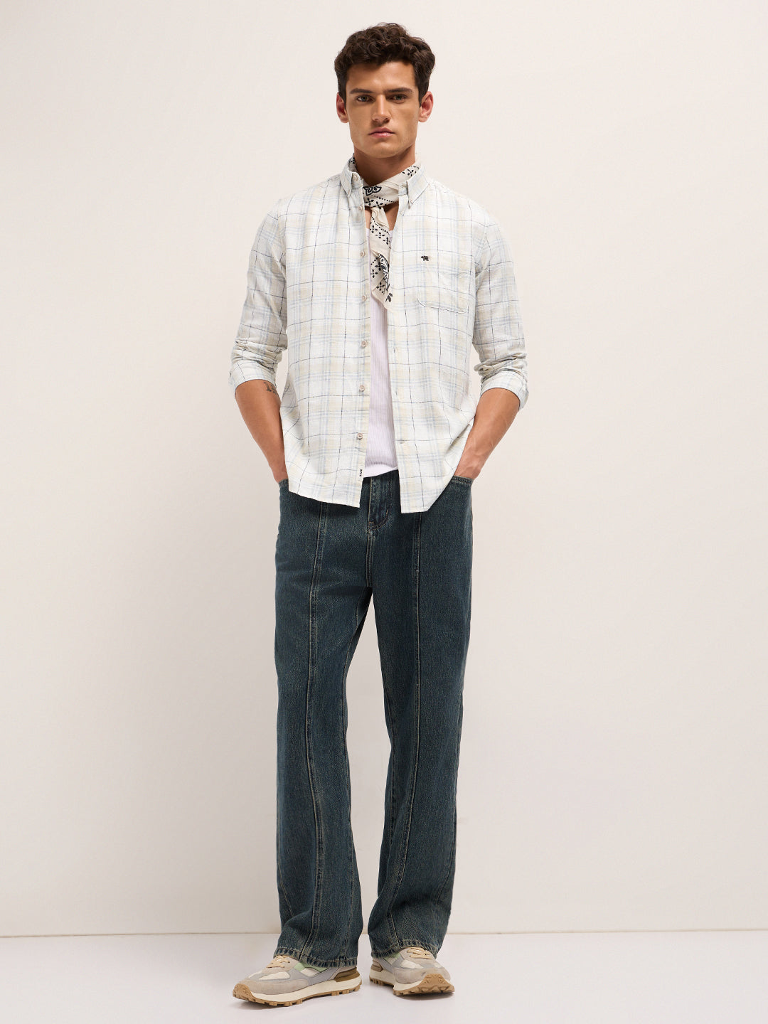 White & Grey Woven Check Slim Fit Casual Shirt