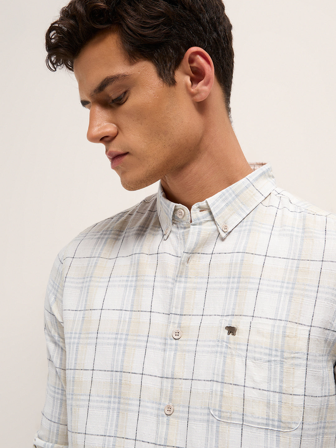 White & Grey Woven Check Slim Fit Casual Shirt