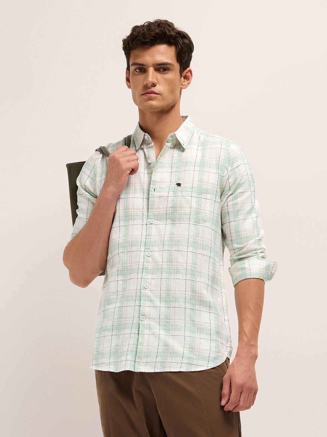 White & Green Woven Check Slim Fit Casual Shirt
