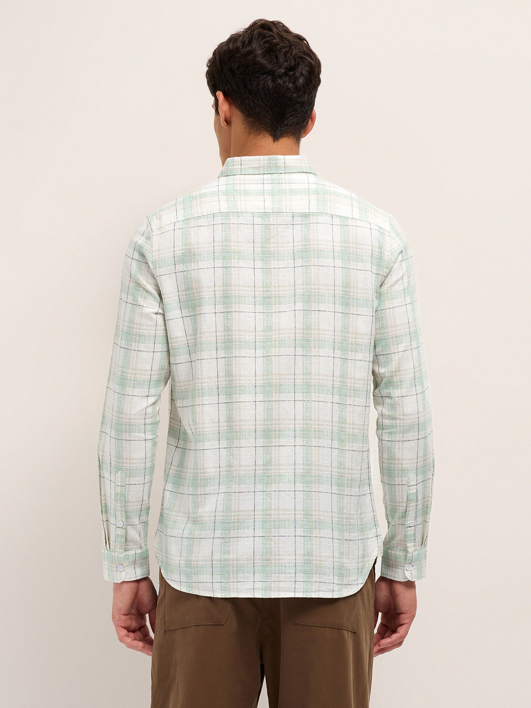 White & Green Woven Check Slim Fit Casual Shirt