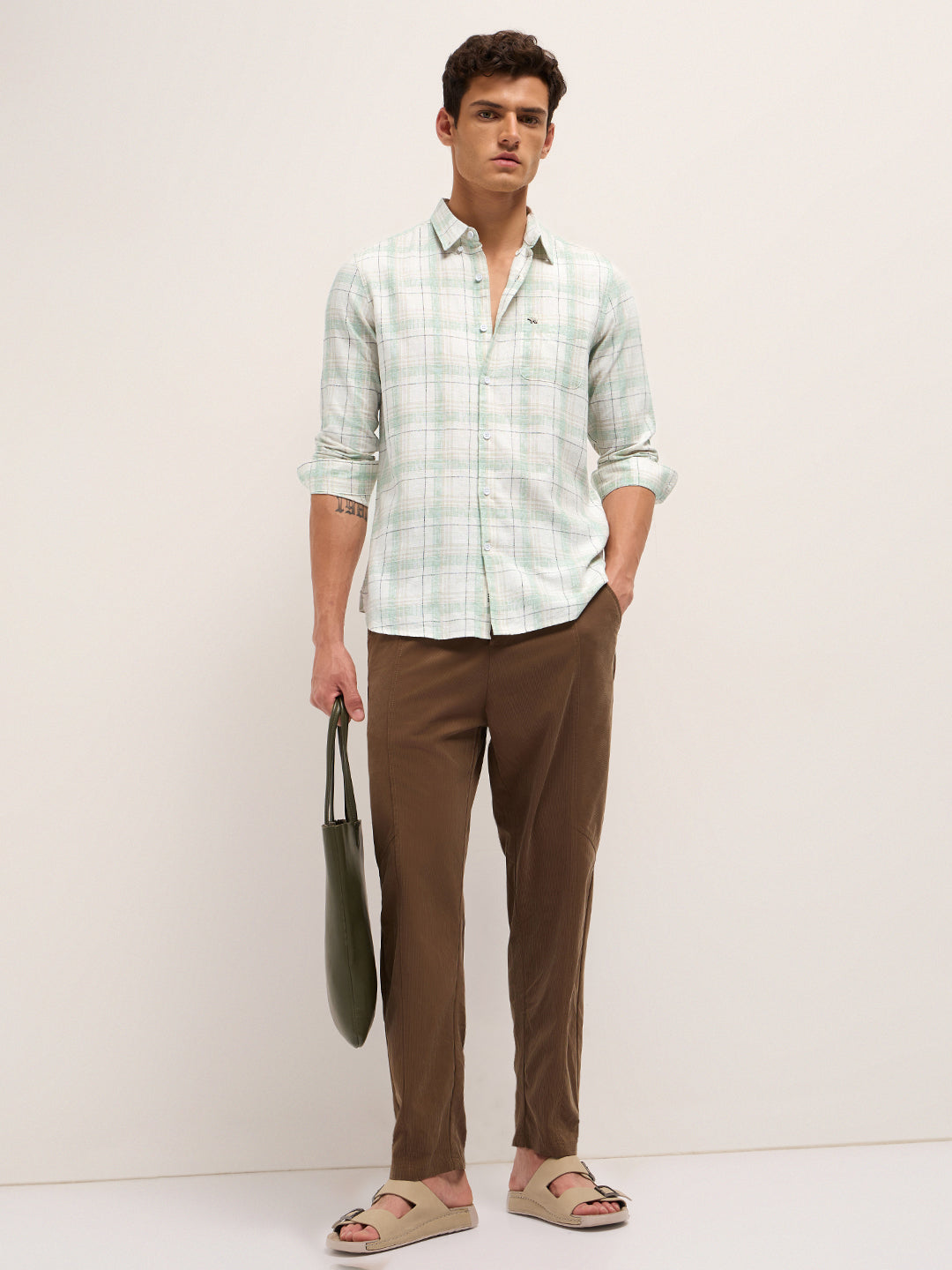 White & Green Woven Check Slim Fit Casual Shirt