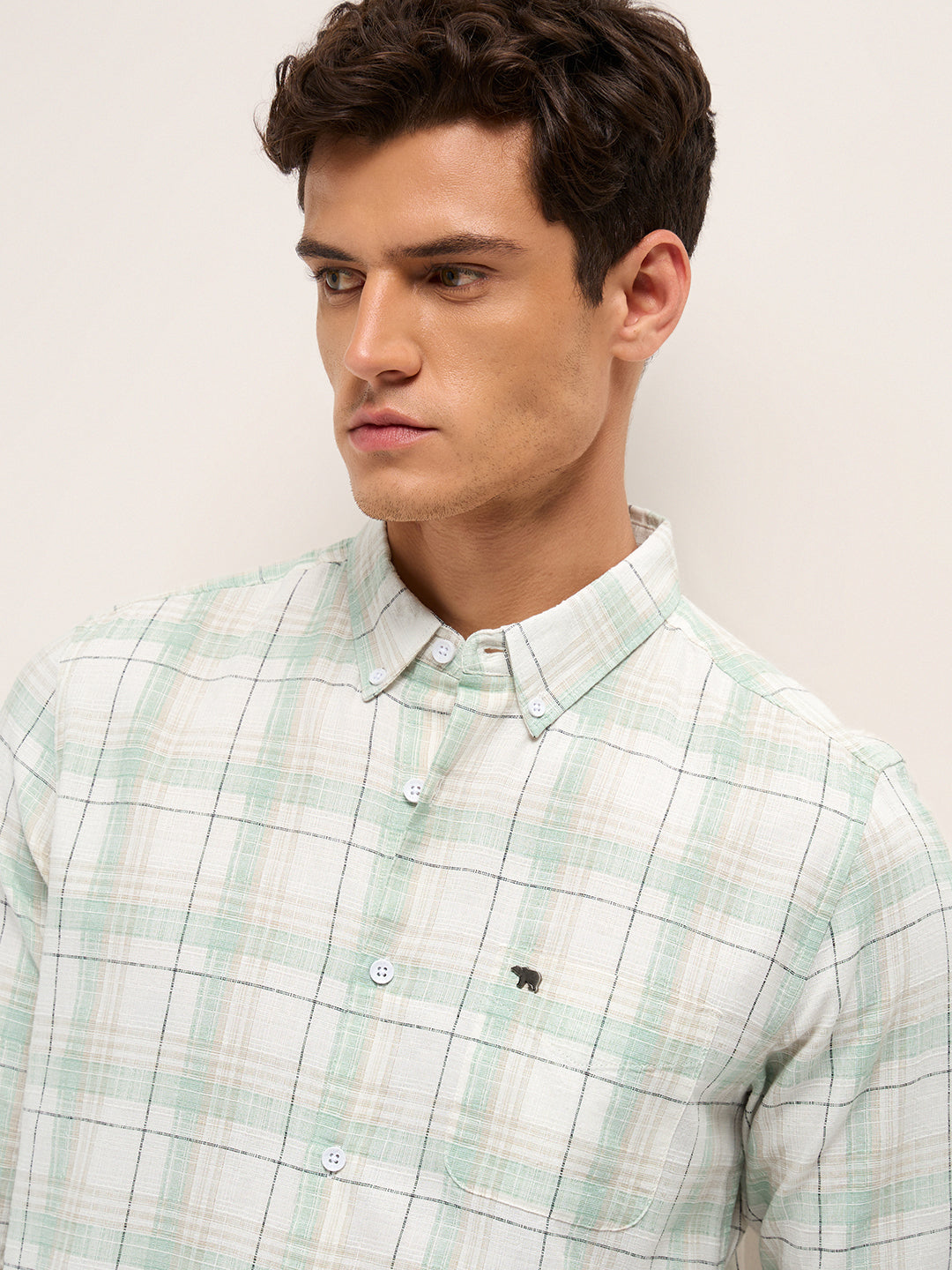 White & Green Woven Check Slim Fit Casual Shirt