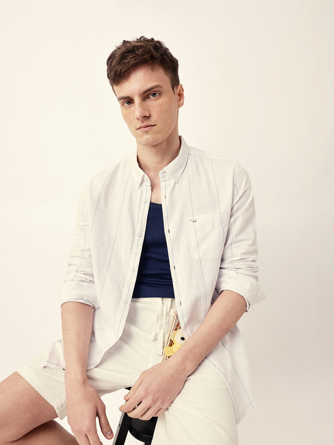 White Woven Vertical Stripes Slim Fit Casual Shirt