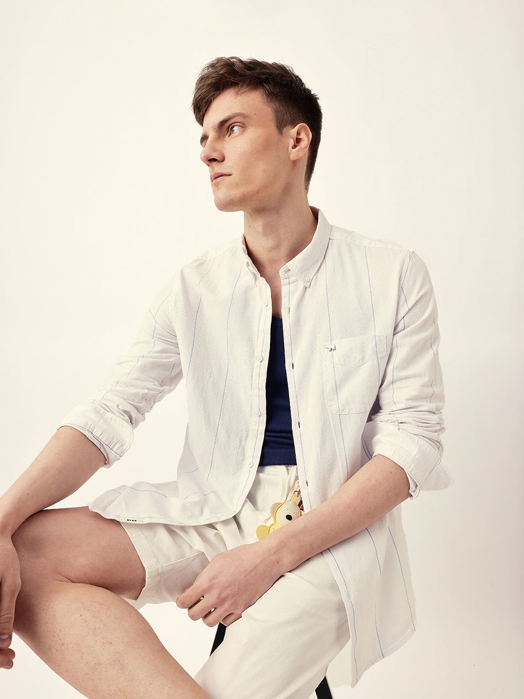 White Woven Vertical Stripes Slim Fit Casual Shirt