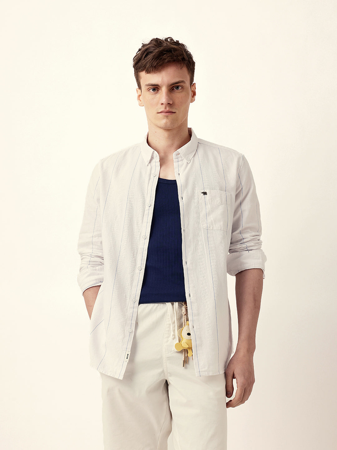 White Woven Vertical Stripes Slim Fit Casual Shirt