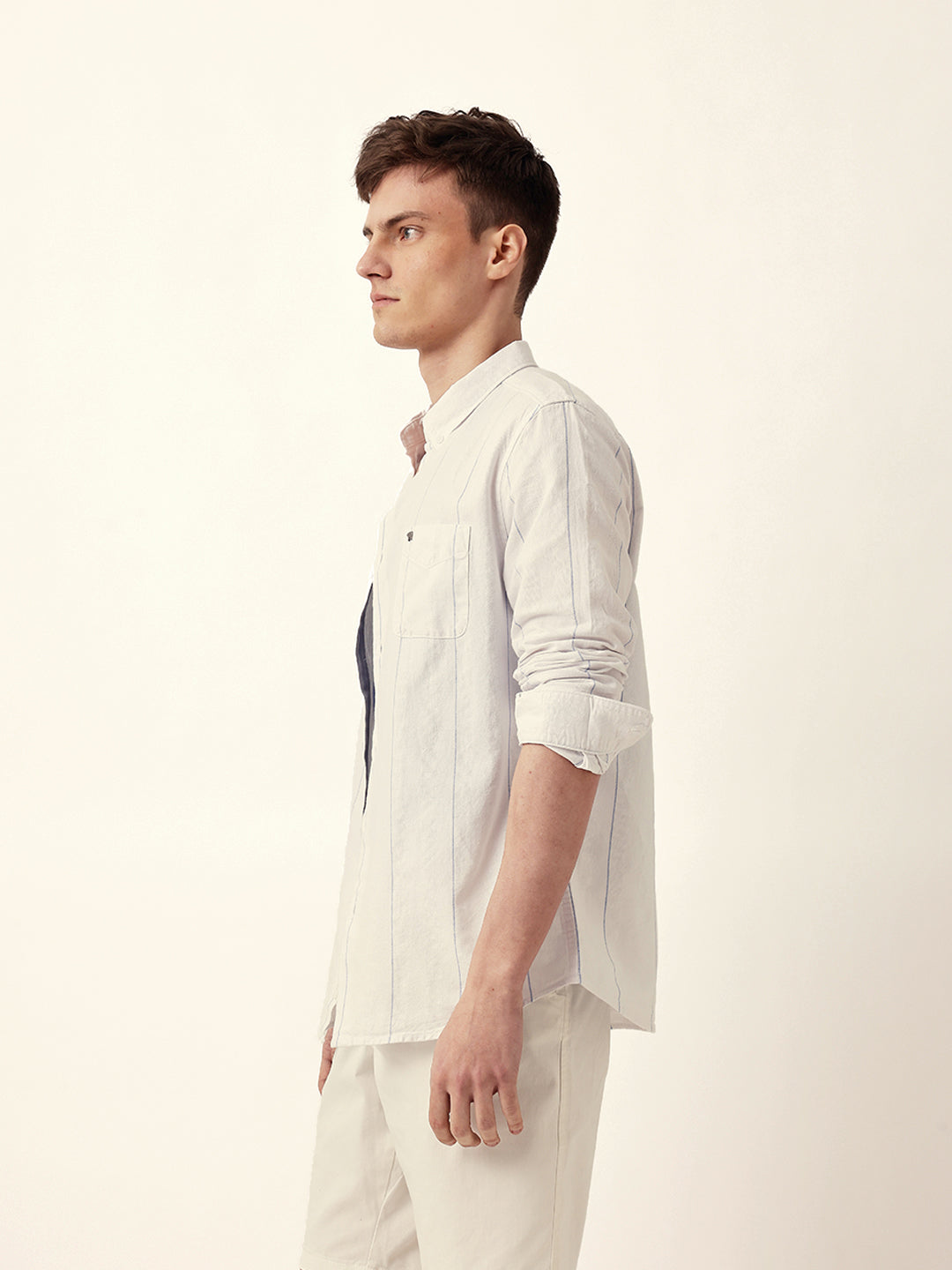 White Woven Vertical Stripes Slim Fit Casual Shirt