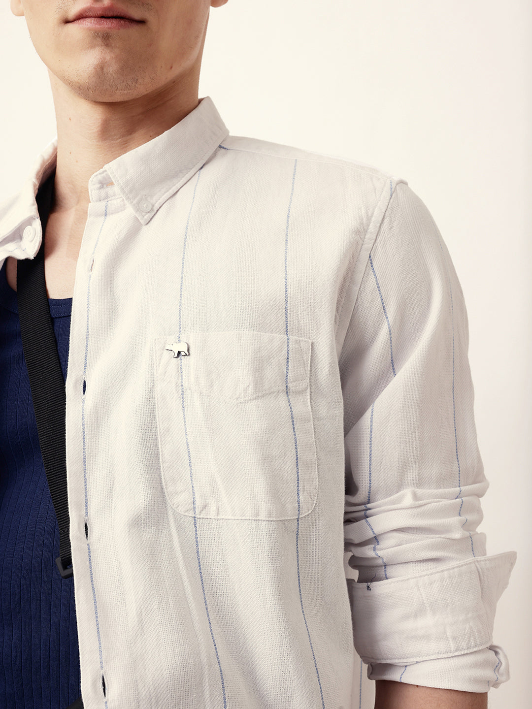 White Woven Vertical Stripes Slim Fit Casual Shirt