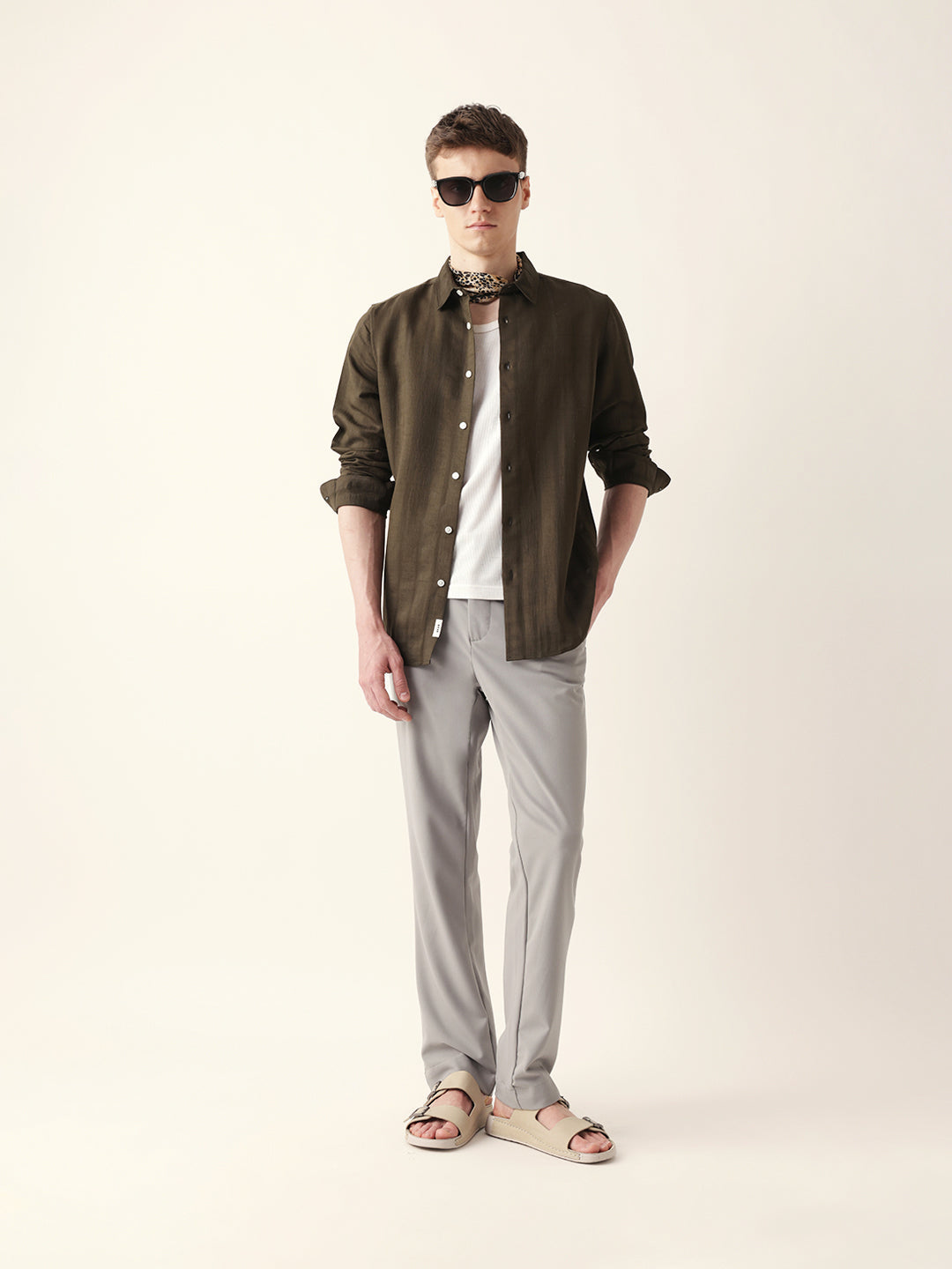 Olive Slim Fit Casual Shirt with Woven Semi-Transparent Vertical Stripes