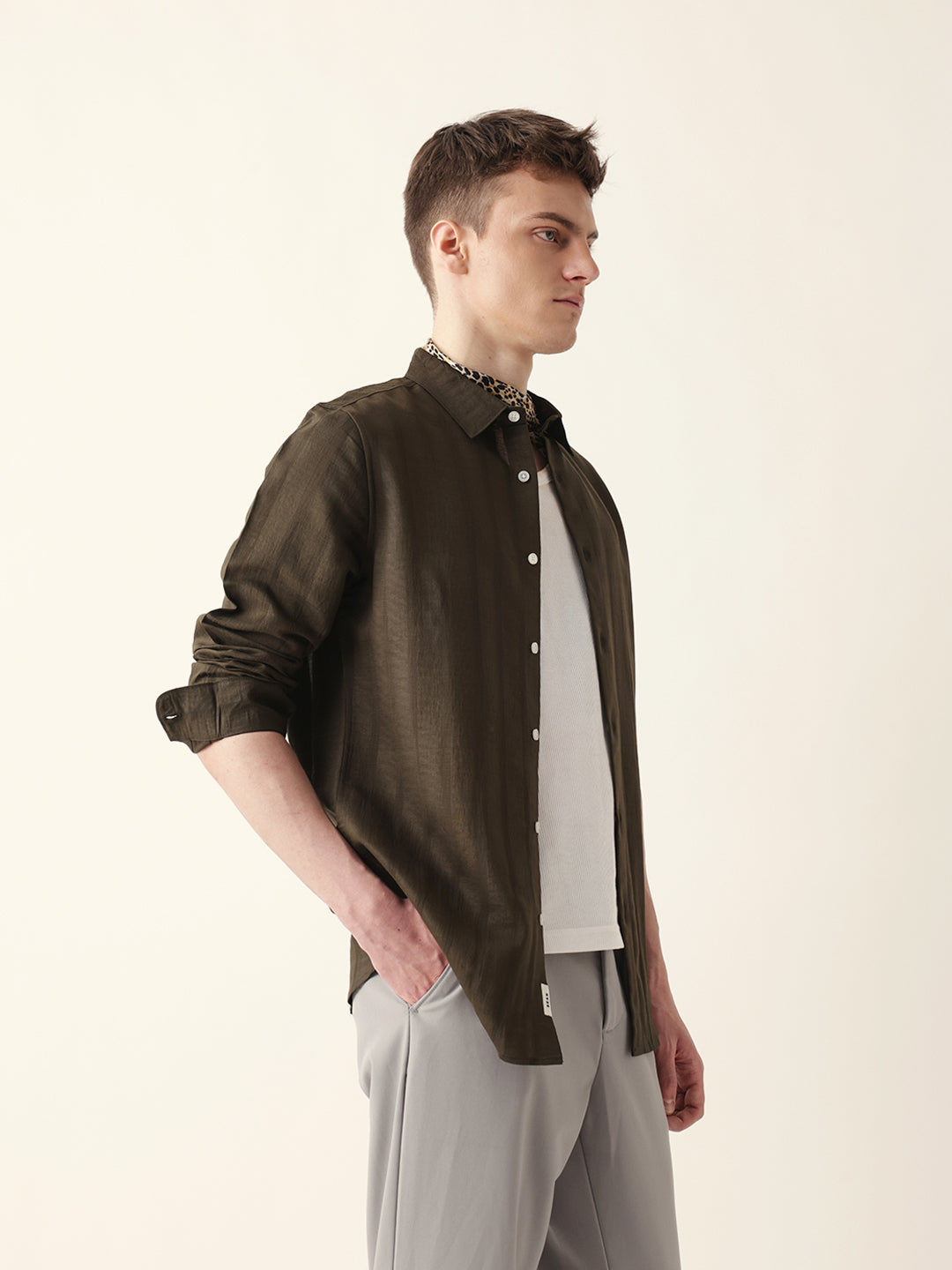 Olive Slim Fit Casual Shirt with Woven Semi-Transparent Vertical Stripes