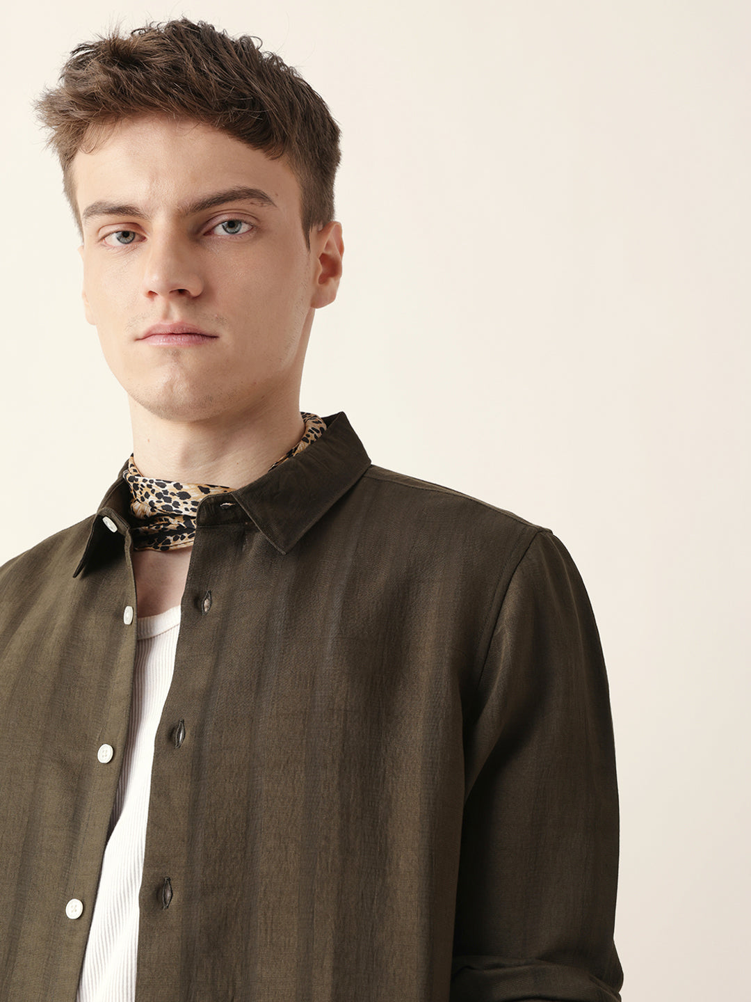 Olive Slim Fit Casual Shirt with Woven Semi-Transparent Vertical Stripes