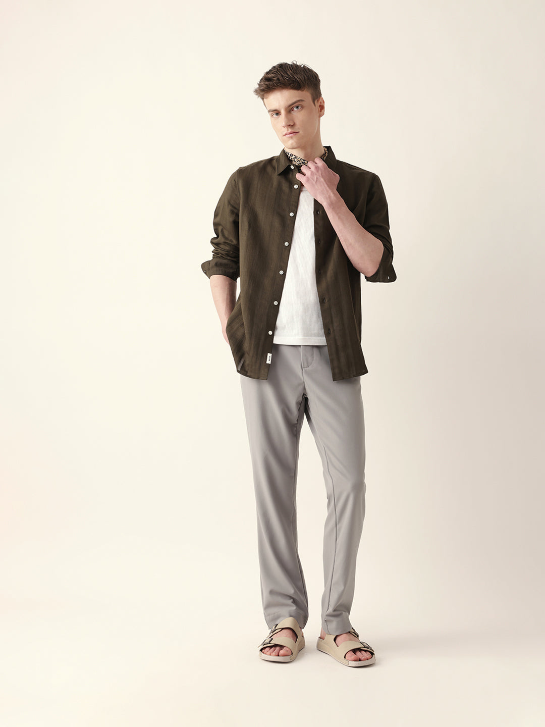 Olive Slim Fit Casual Shirt with Woven Semi-Transparent Vertical Stripes