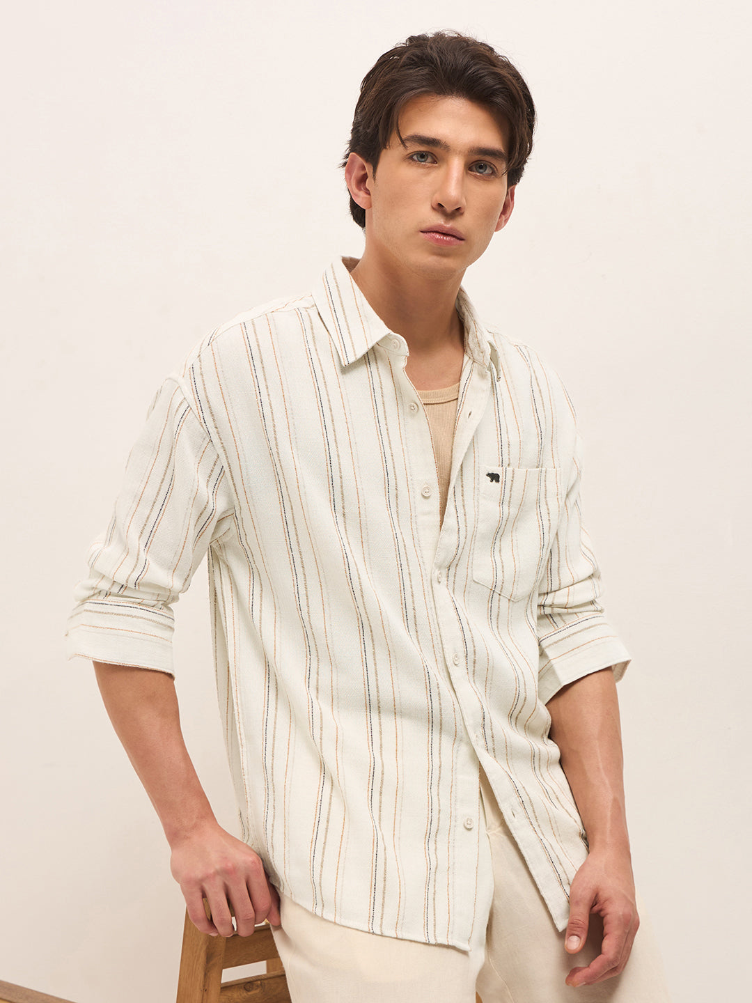 Cream Woven Vertical Stripes Relax Fit Casual Shirt
