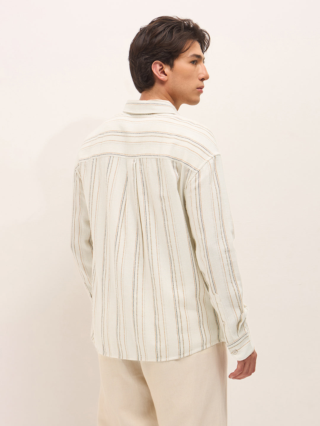 Cream Woven Vertical Stripes Relax Fit Casual Shirt
