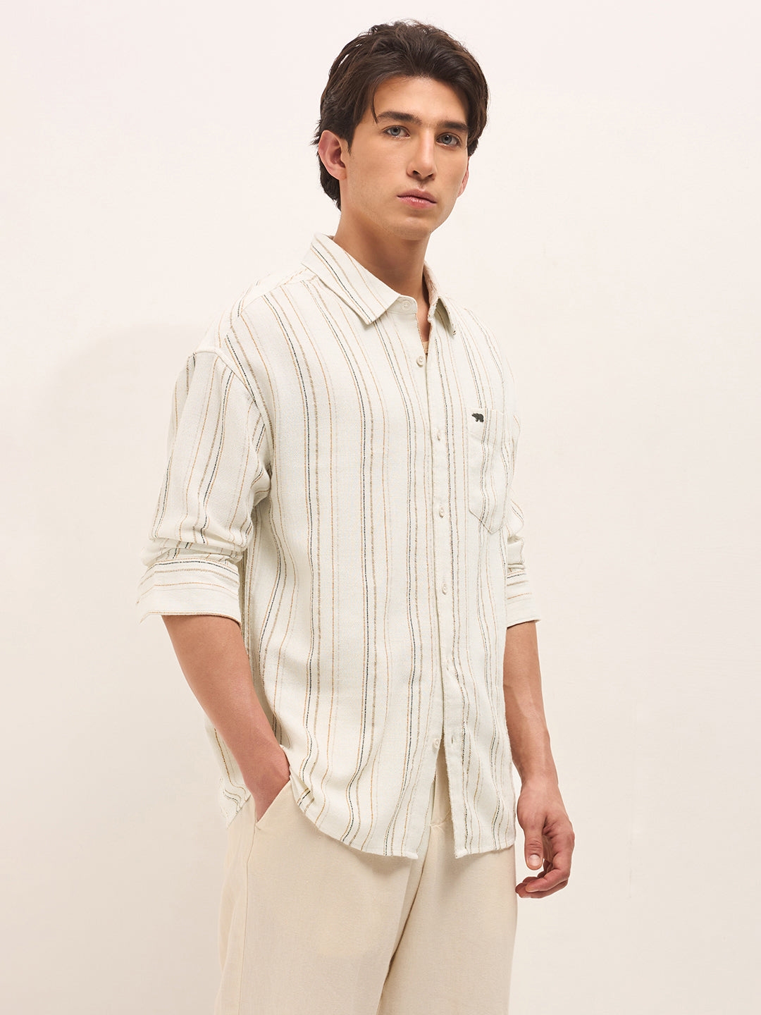 Cream Woven Vertical Stripes Relax Fit Casual Shirt