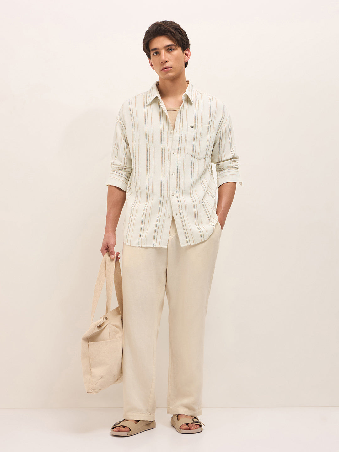 Cream Woven Vertical Stripes Relax Fit Casual Shirt