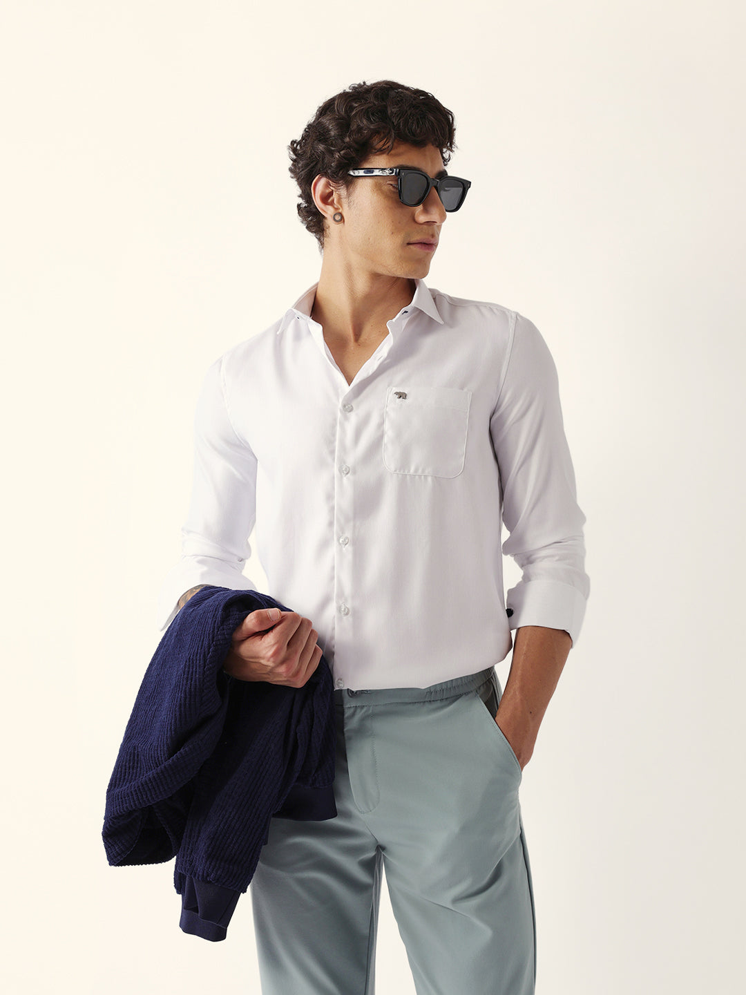White Herringbone Woven Tailored Fit Formal Shirt with French Cuffs