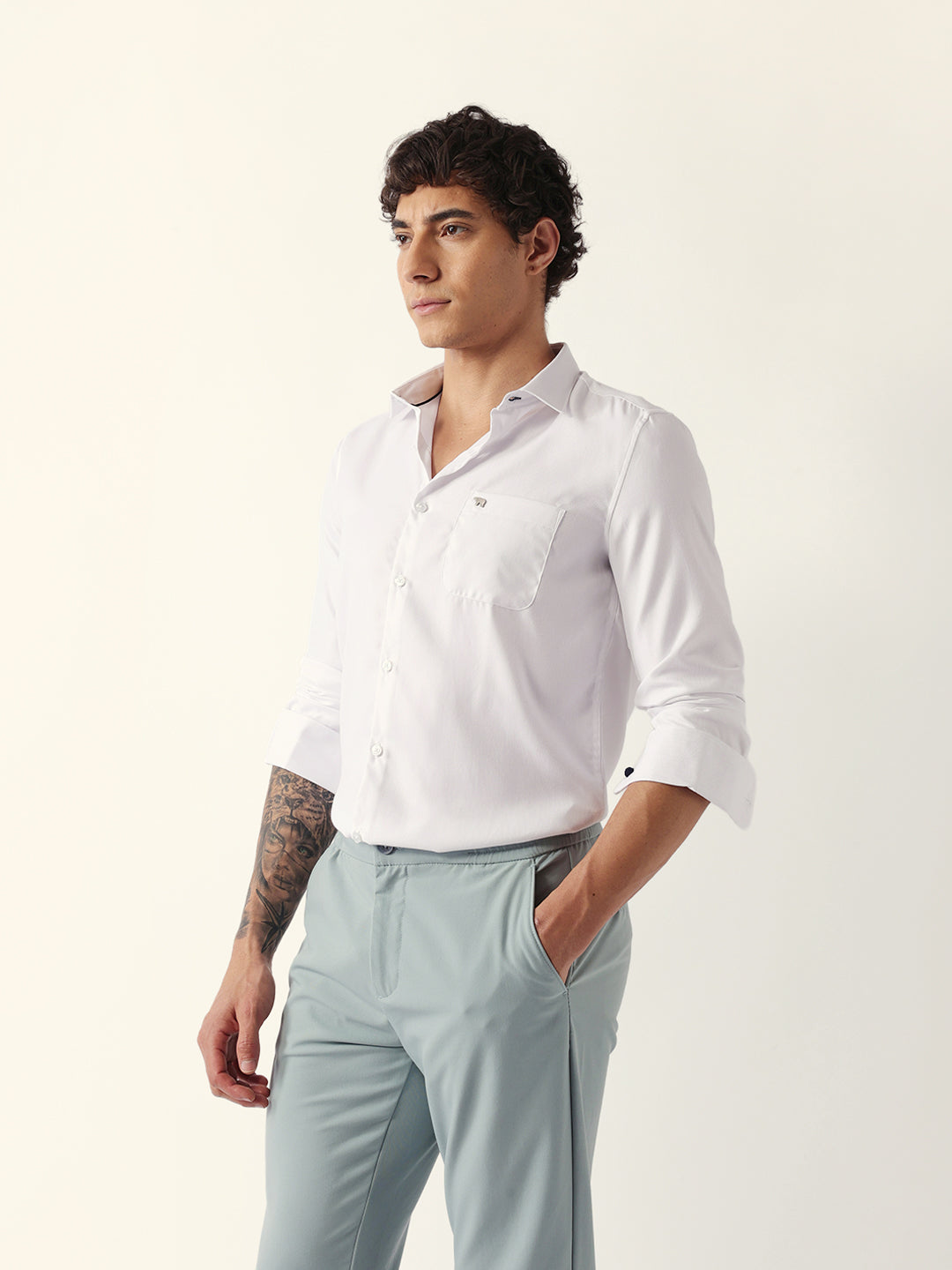 White Herringbone Woven Tailored Fit Formal Shirt with French Cuffs