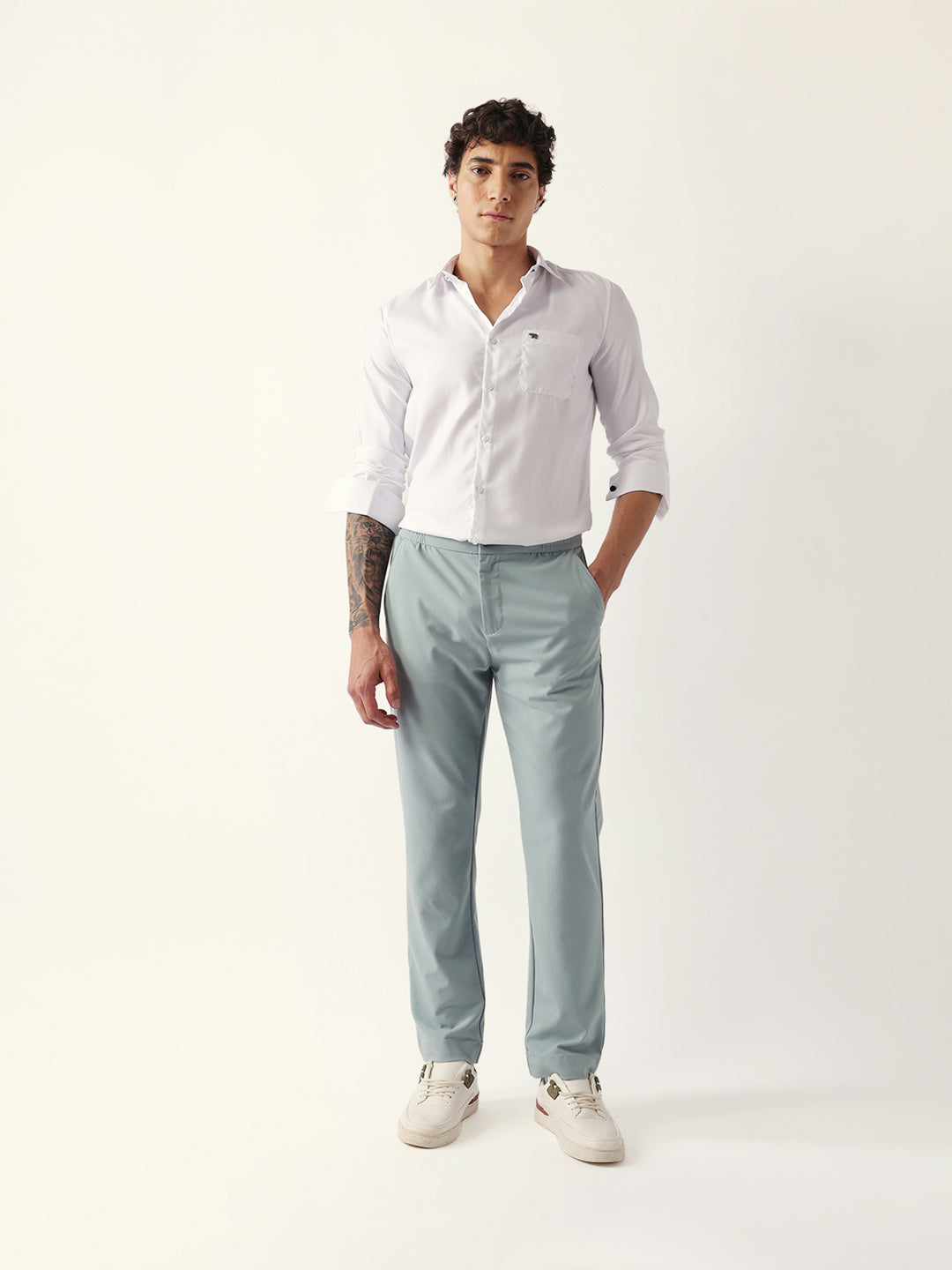 White Herringbone Woven Tailored Fit Formal Shirt with French Cuffs