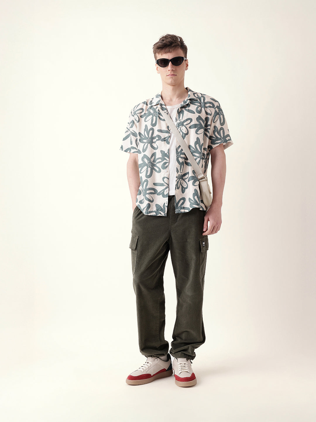 Teal Floral Motif Print Relaxed Fit Half-Sleeve Casual Shirt