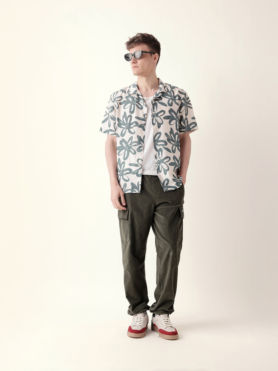 Teal Floral Motif Print Relaxed Fit Half-Sleeve Casual Shirt