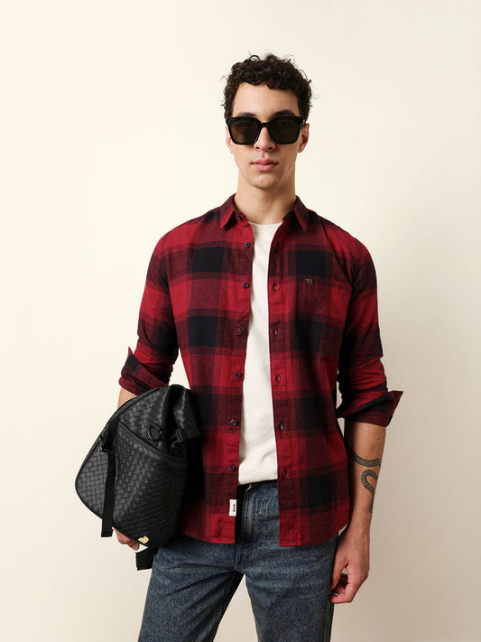 Maroon & Black Checked Flannel Slim Fit Casual Shirt