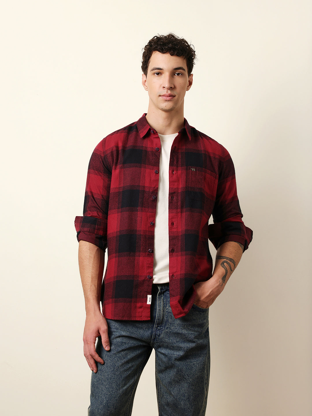 Maroon & Black Checked Flannel Slim Fit Casual Shirt