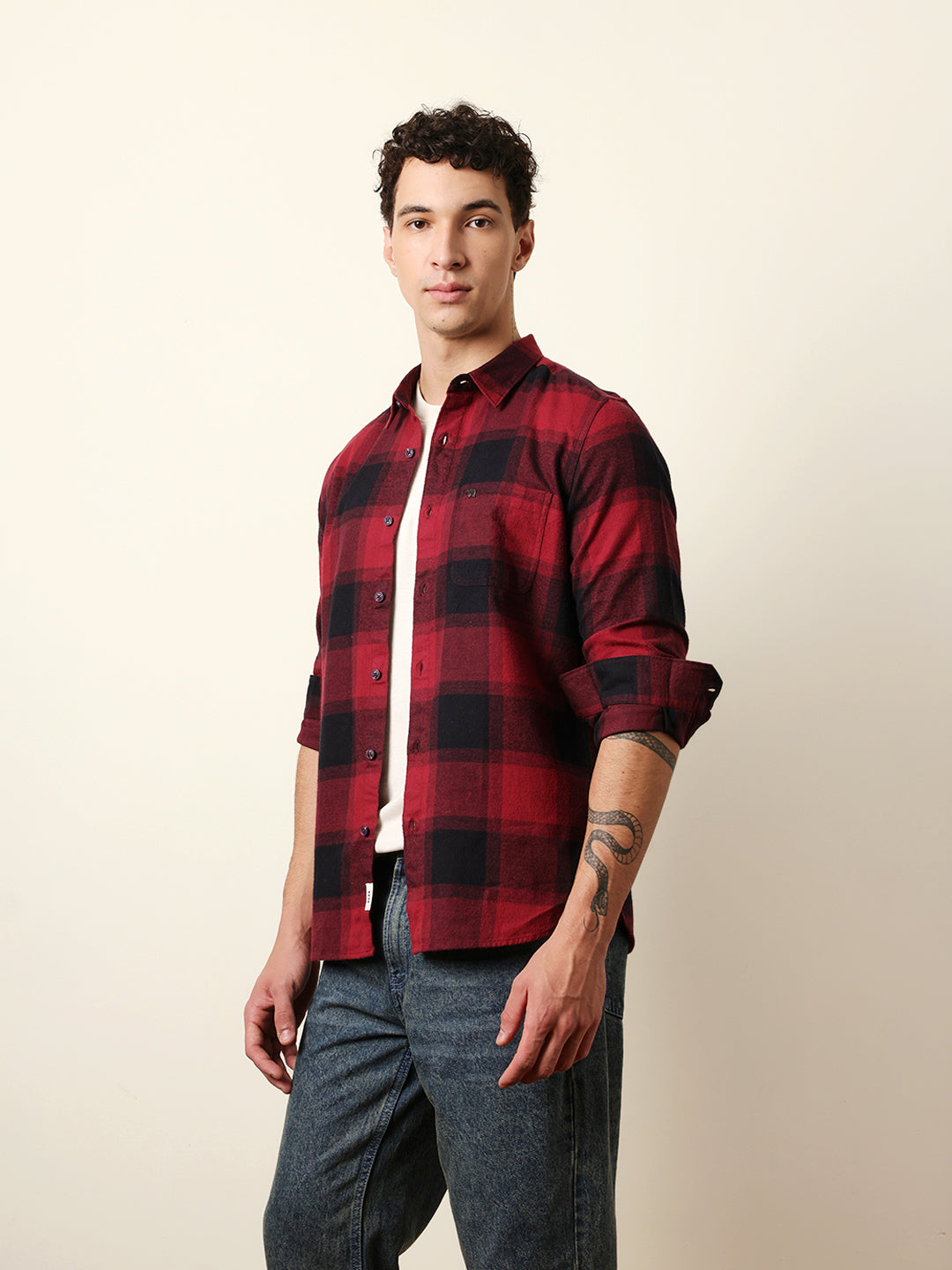 Maroon & Black Checked Flannel Slim Fit Casual Shirt
