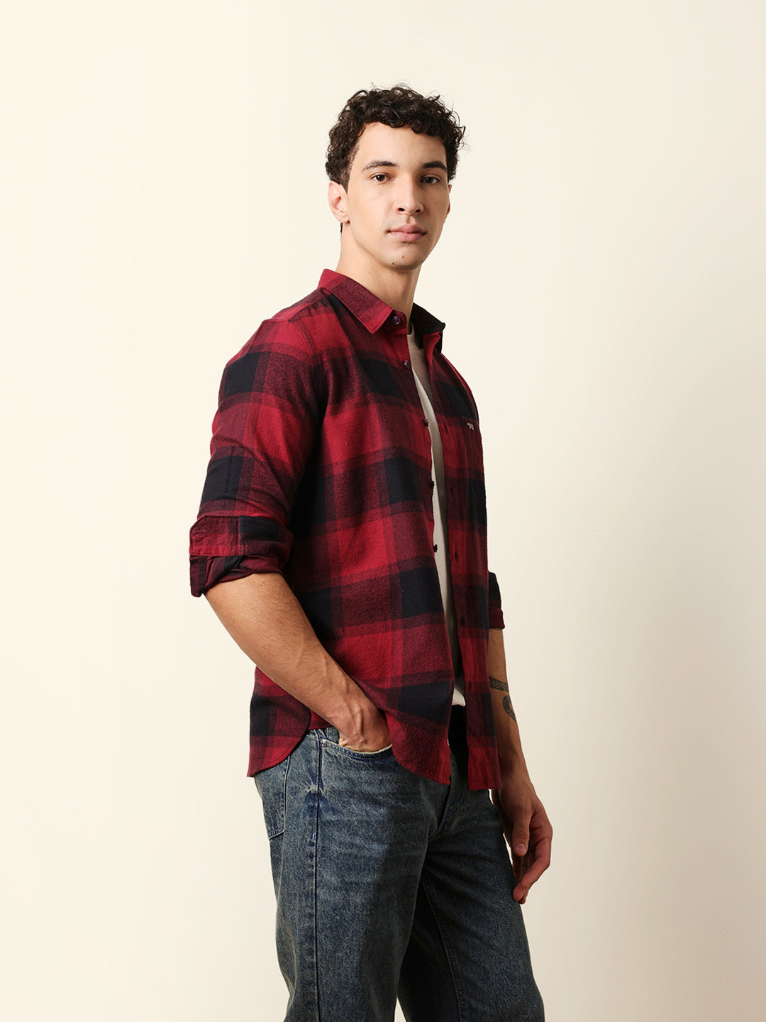 Maroon & Black Checked Flannel Slim Fit Casual Shirt