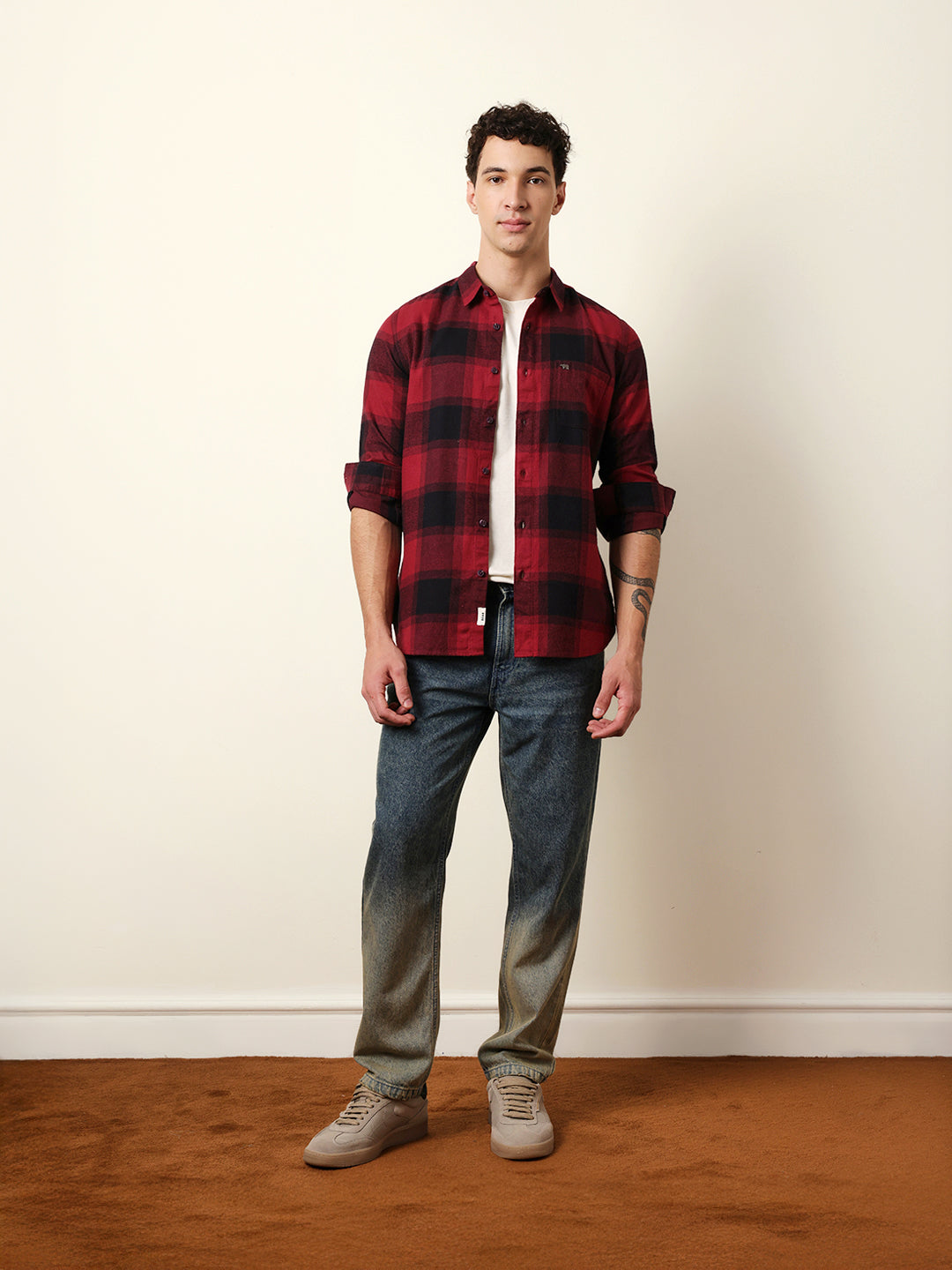 Maroon & Black Checked Flannel Slim Fit Casual Shirt