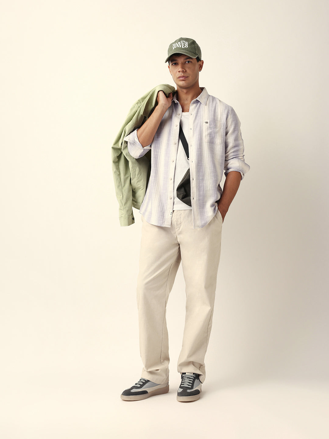 Purple & White Herringbone Striped Slim Fit Casual Shirt