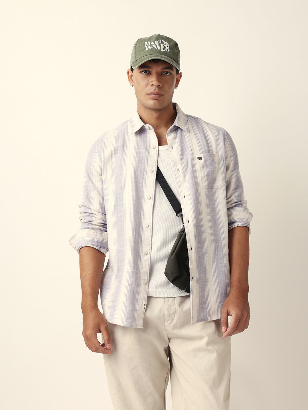 Purple & White Herringbone Striped Slim Fit Casual Shirt