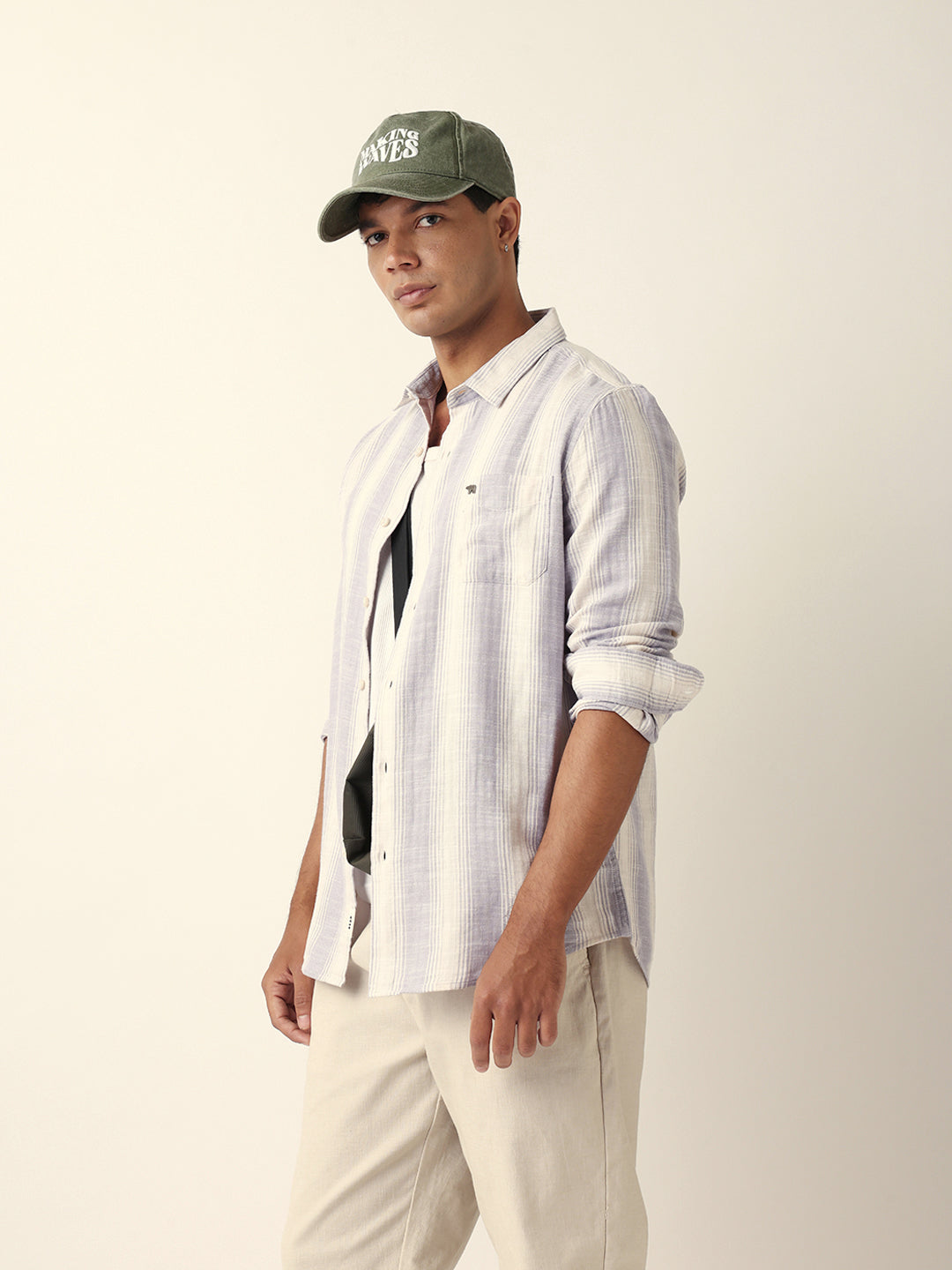 Purple & White Herringbone Striped Slim Fit Casual Shirt