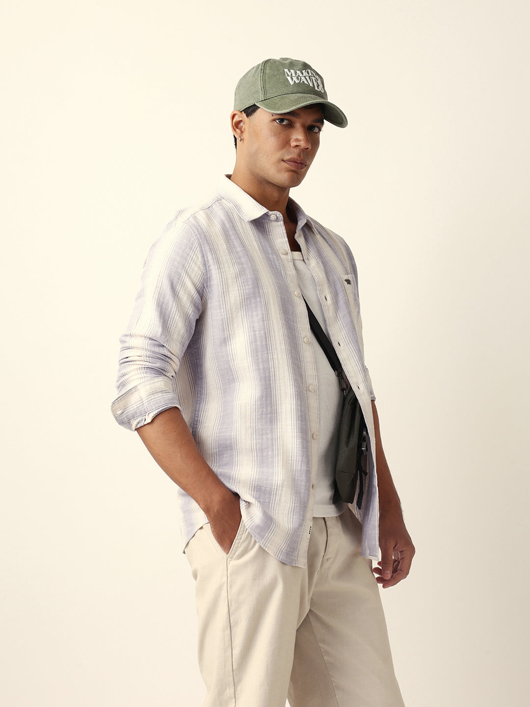 Purple & White Herringbone Striped Slim Fit Casual Shirt