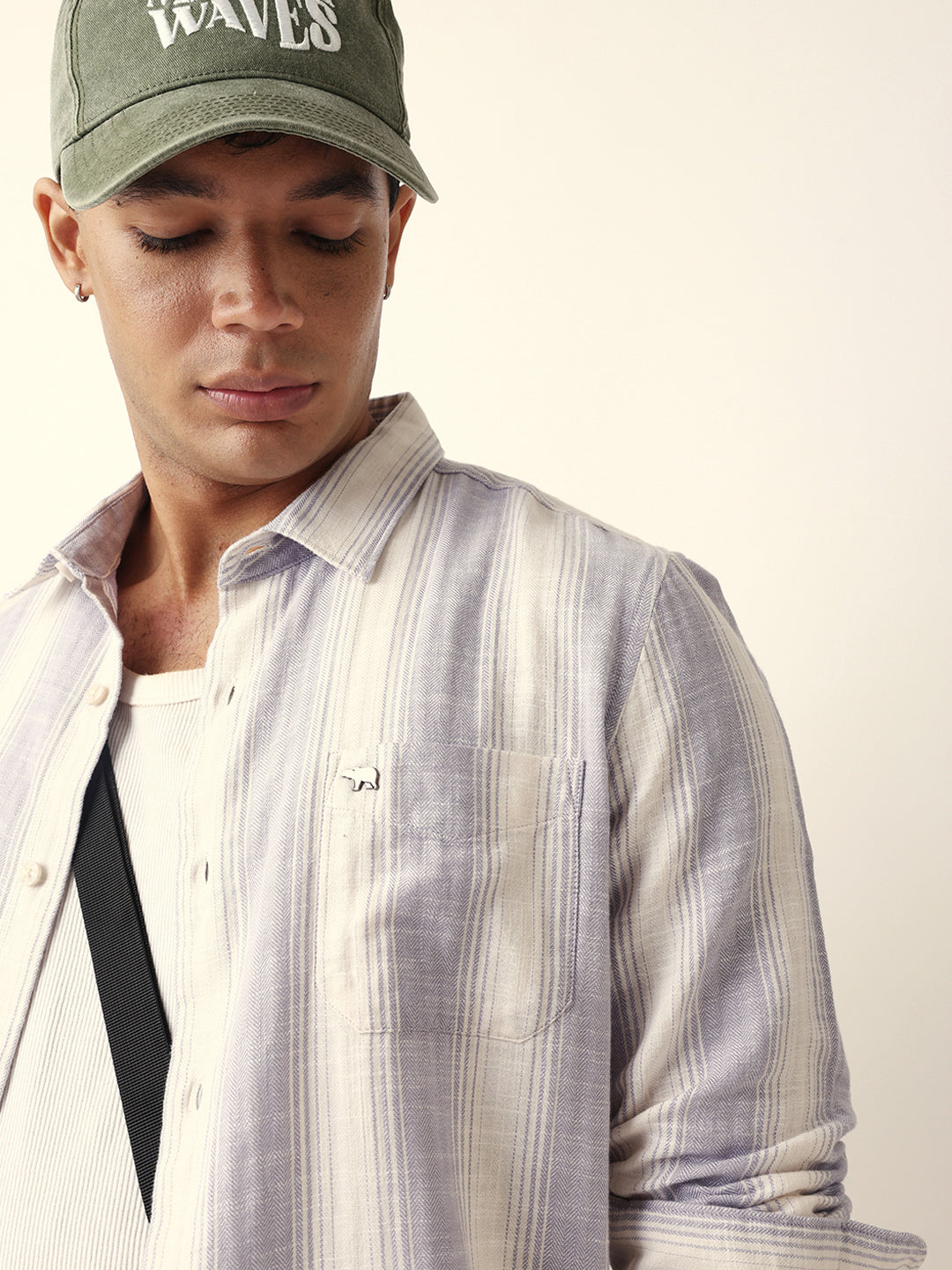 Purple & White Herringbone Striped Slim Fit Casual Shirt