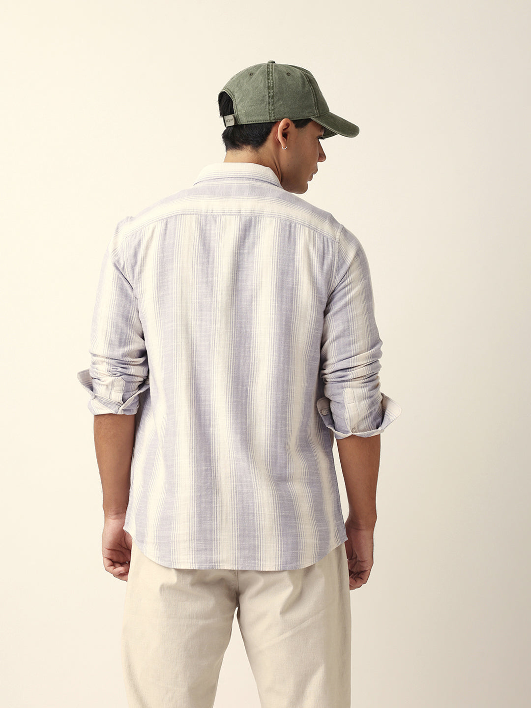 Purple & White Herringbone Striped Slim Fit Casual Shirt