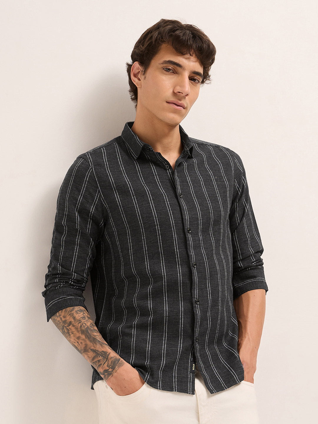 Black Vertical Stripes Slim Fit Casual Shirt