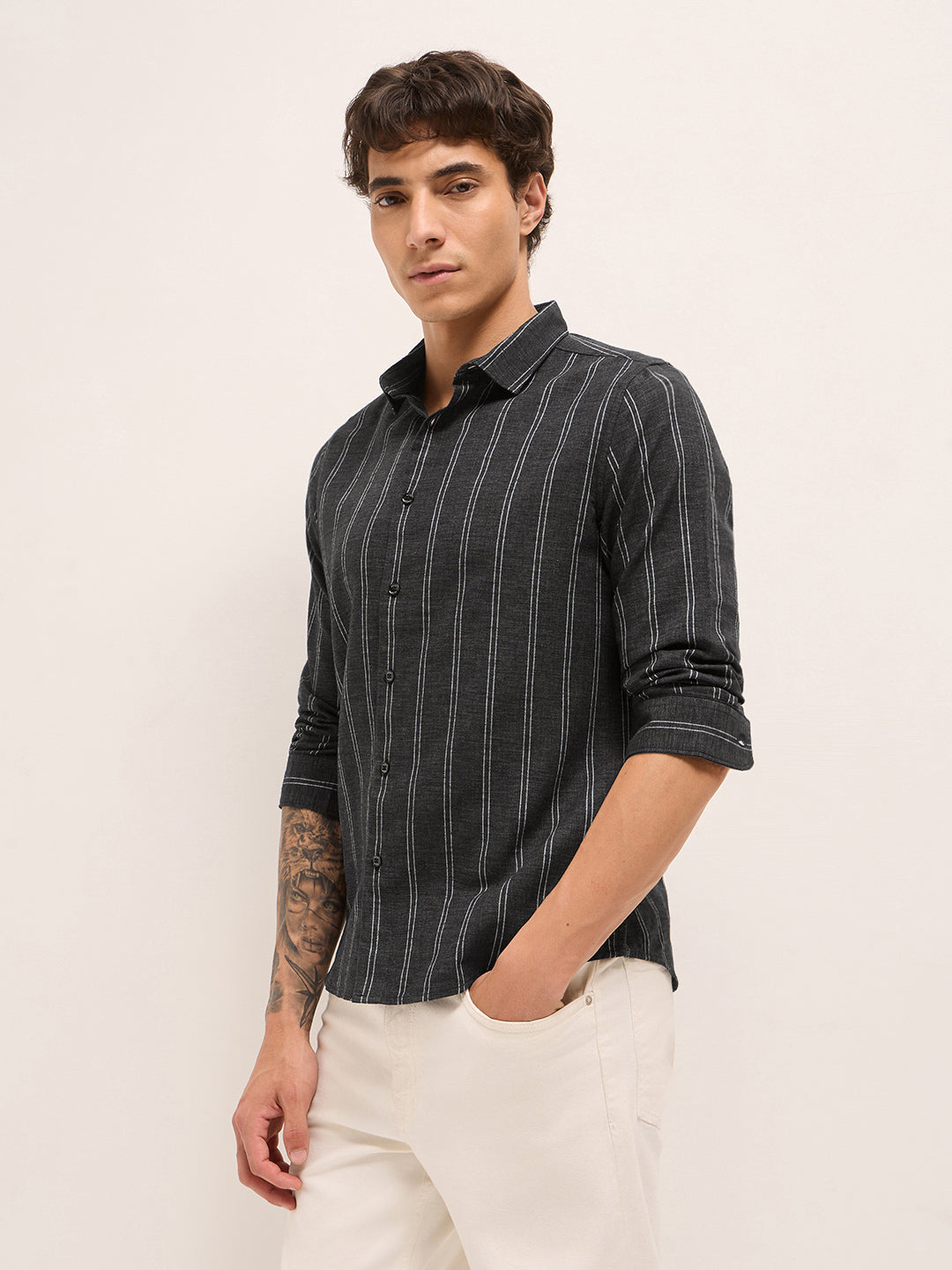 Black Vertical Stripes Slim Fit Casual Shirt