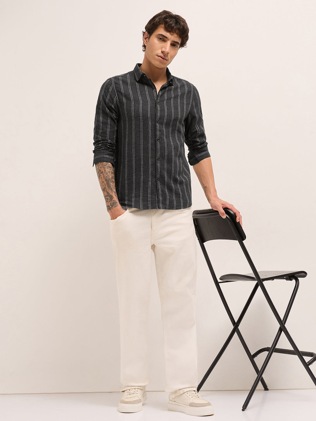 Black Vertical Stripes Slim Fit Casual Shirt