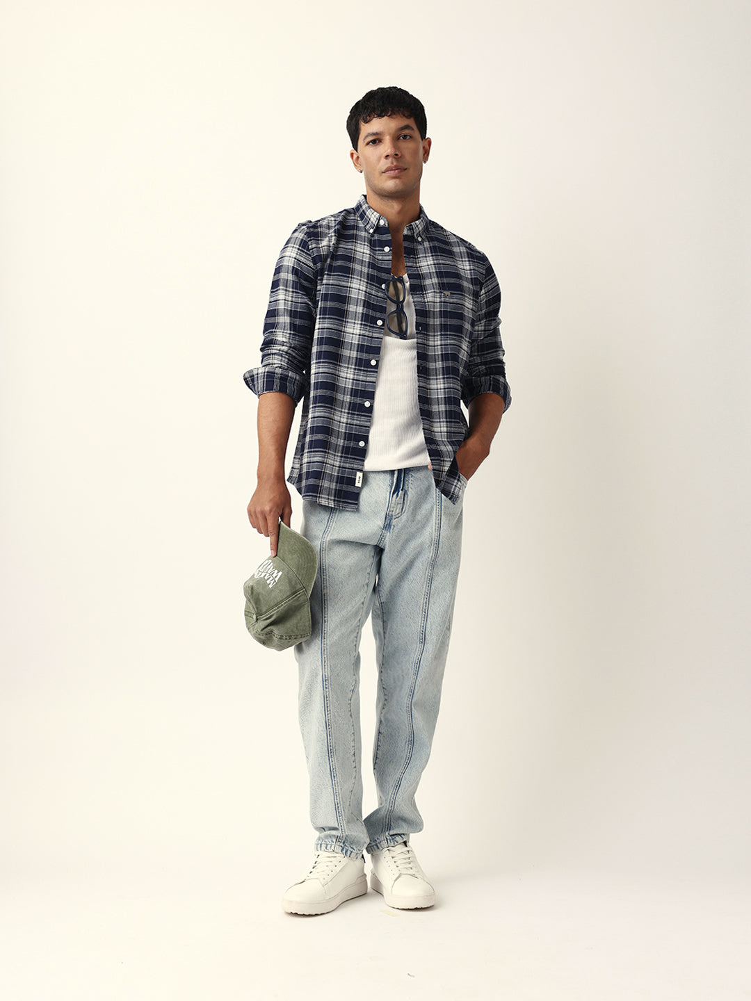 Navy Blue Woven Tartan Checked Slim Fit Casual Shirt