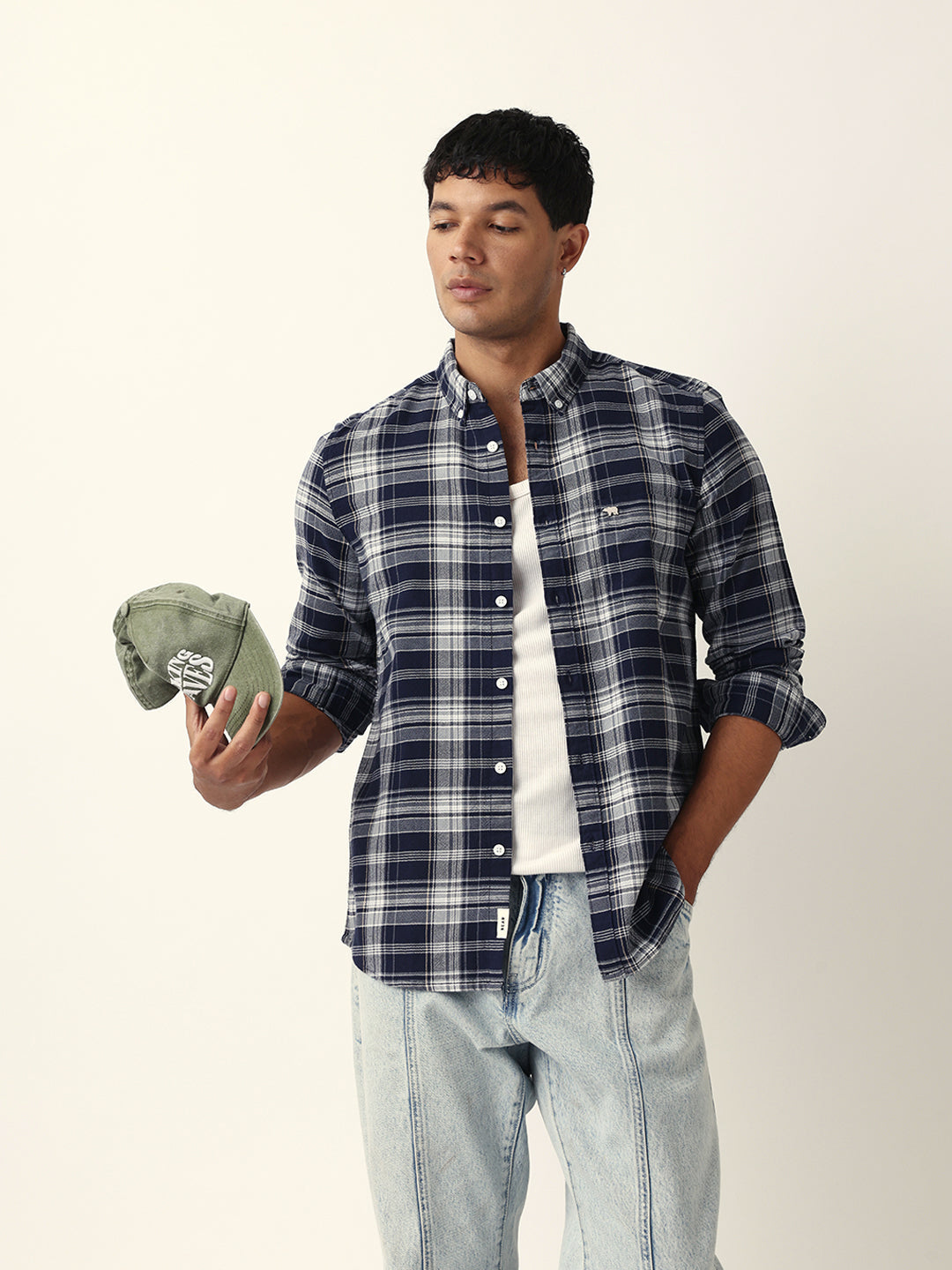 Navy Blue Woven Tartan Checked Slim Fit Casual Shirt