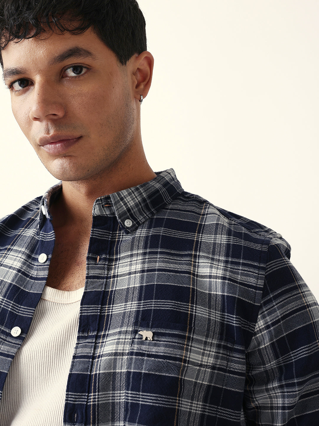 Navy Blue Woven Tartan Checked Slim Fit Casual Shirt