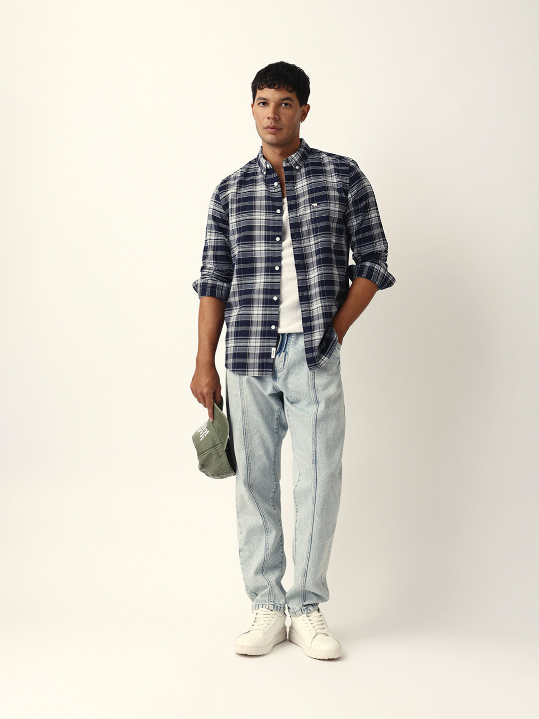 Navy Blue Woven Tartan Checked Slim Fit Casual Shirt